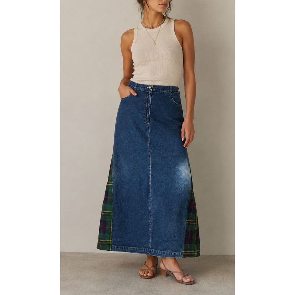 Custom Handcrafted Denim Skirt Womens Large Maxi Plaid Pockets Upcycled Boho